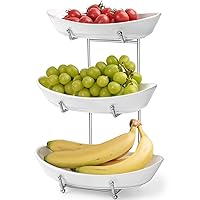 Fruit Bowl Basket for Kitchen Counter, 3 Tier Ceramic Serving Bowls with Metal Stand, Tiered Fruit Basket for Fruit, Vegetable, Snack, Nuts, Serving Tray Set for Entertaining