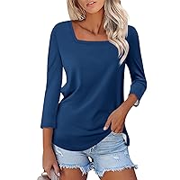 3/4 Length Sleeve Womens Tops Square Neck Solid Color Tunic Loose Fit Tshirs Summer Plus Sized Ladies Blouse