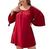 Plus Size Women Cold Shoulder 3/4 Bell Sleeve T-Shirt Mini Dress Summer Casual Oversized Crewneck Tunic Swing Dress
