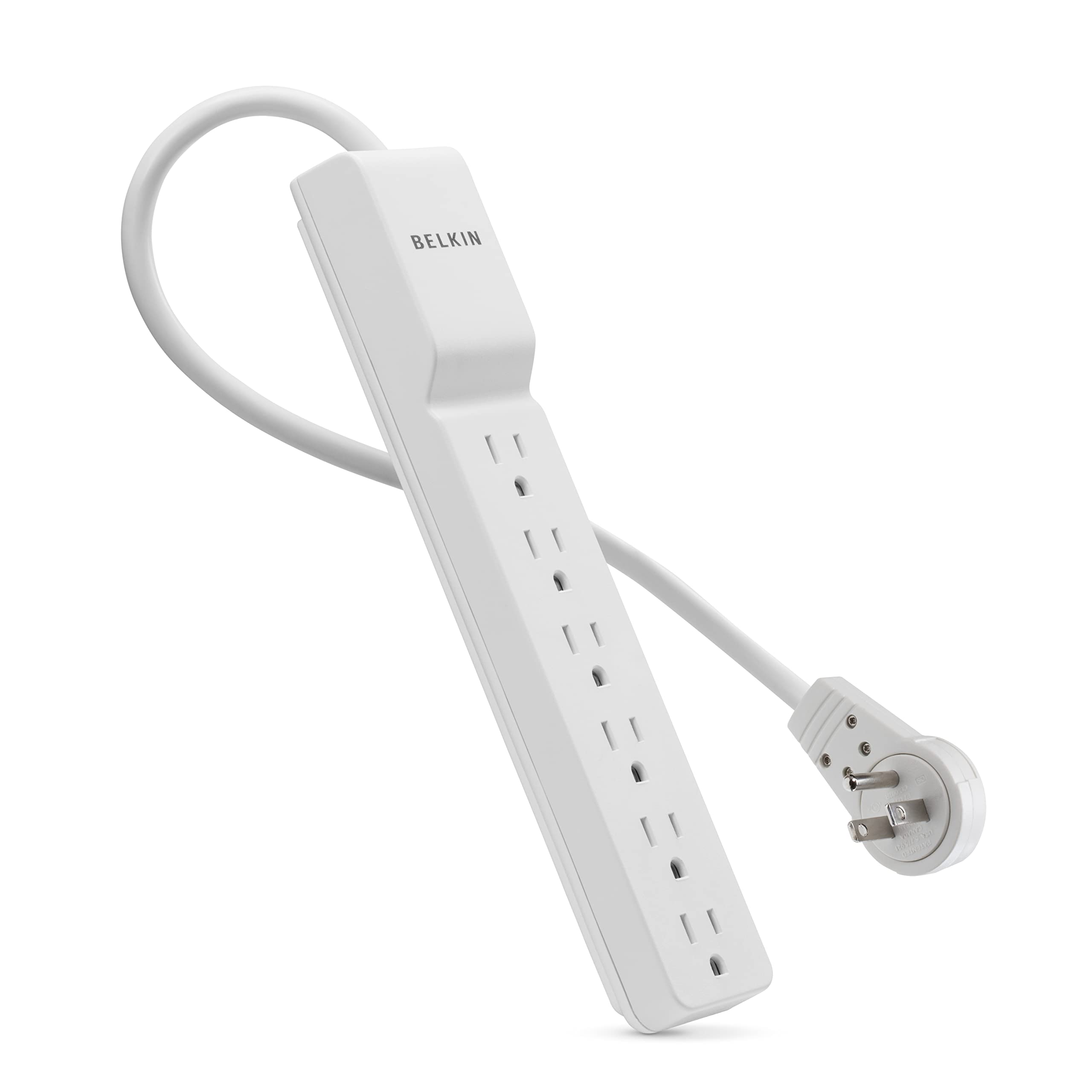 Belkin 6-Outlet Power Strip Surge Protector w/Flat Rotating Plug, 6ft Cord – Ideal for Personal Electronics, Small Appliances and More (1080 Joules), White, 6' - 6 Pack