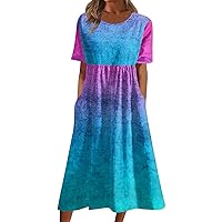 Trendy Summer Mid Length Dress for Women Short Sleeve Wedding Loose Fit Soft Graphic Cotton Dress for Ladies.