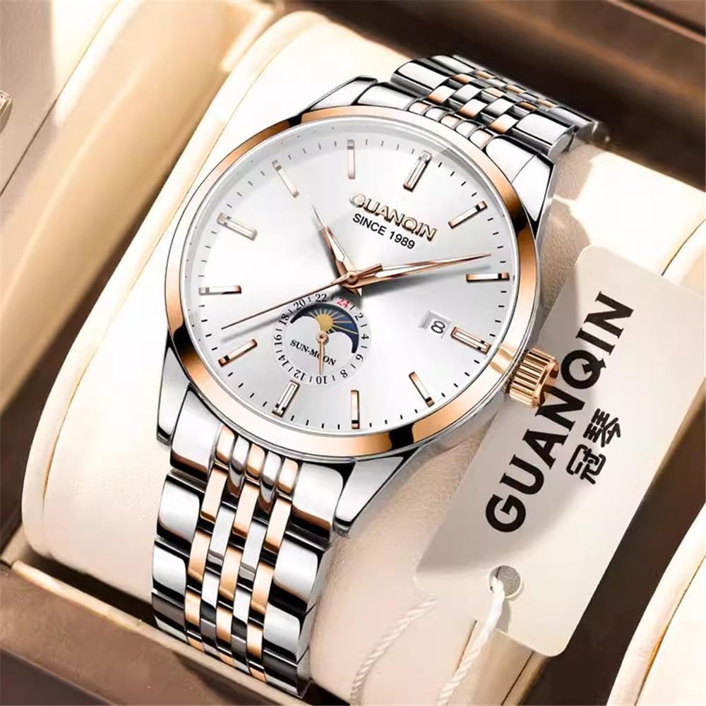 GUANQIN Männer Kalender Mondphase Multifunktionale Armbanduhr Analog Automatik Selbstaufzug Mechanische Stilvolle Armbanduhr Stahl oder Lederband Saphir Wasserdicht Business Uhr