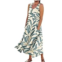 Summer Sun Dresses for Women Sleeveless Maxi Spring Sundress Women Nice Business Loose Fitting Ruched Thin Stretch Floral Tunic Woman Green 3X-Large