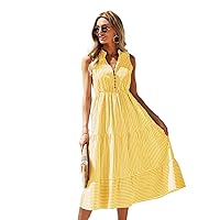 Women's Summer Casual Party Dress Striped Print Notched Neck A-line Dress