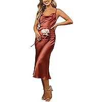 Women's Sleeveless Spaghetti Strap Satin Wedding Guest Party Dress Cocktail Evening Cowl Neck Backless Midi Formal Dresses