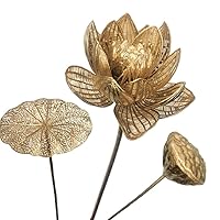 3pcs Artificial Lotus Decorative Simulated Golden Flowers Fake Flower 18K Gold Color Lotus Leaves for Home Wedding Party Decor, 1 Lotus Flower + 1 Lotus Pod+ 1 Lotus Leaf