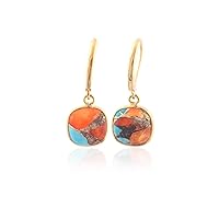 Guntaas Gems Cushion Shape Orange & Turquoise Bezel Earring Brass Gold Plated Leverback Drop Dangle Earring Gift For Her