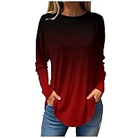 Blouses for Women Dressy Casual,Womens Gradient Crewneck Long Sleeve Shirts Oversized Medium Long Pullover Tops