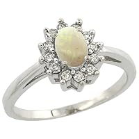 14K White Gold Natural Opal Flower Diamond Halo Ring Oval 6x4 mm, Sizes 5-10