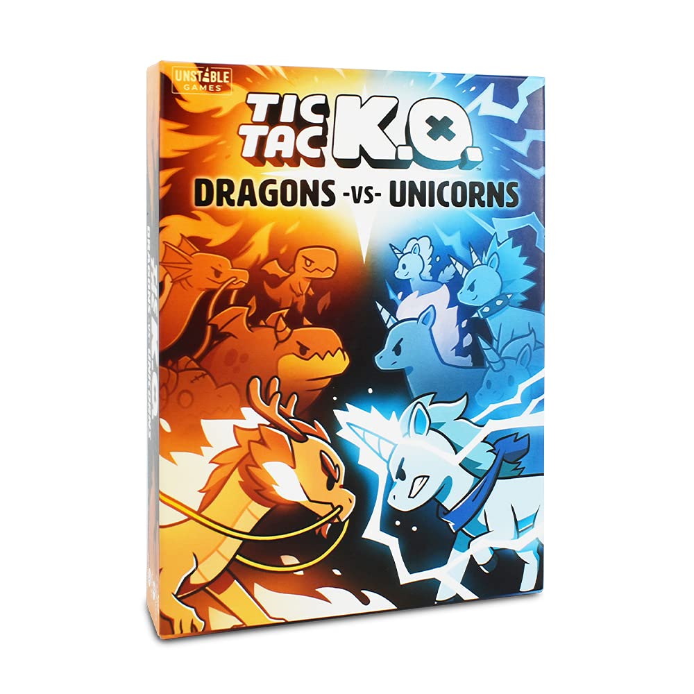 Unstable Games - Tic Tac K.O. : Dragons vs. Unicorns Base Game - Quick-to-learn team card game for kids, teens, & adults - Adorably ruthless twist on Tic Tac Toe - 2-4 players - Great for game night