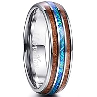 6mm/8mm Tungsten Rings for Men Hawaiian Koa Wood Inlay Dome Abalone Shell/Blue Center Wedding Bands Comfort Fit Size 4 to 17