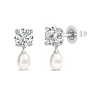 925 Sterling Silver Drop Earrings for Women 6x4mm Cultured Freshwater Pearl & 1.00 Carat Round Lab Grown White Diamond or Cubic Zirconia