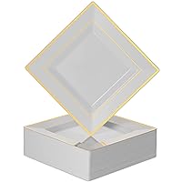 BloominGoods Plastic Disposable Square Dessert Plates | 50-Pack 6.5 inches White with Gold Rim Square Plates | Ideal for Weddings, Parties, Catering | Heavy Duty & Non Toxic