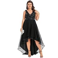 Ever-Pretty Plus Women's Deep V-Neck Lace Applique High Low A-Line Plus Size Tulle Maxi Evening Party Dresses 00793-DA