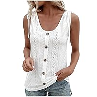 Womens Fashion Tank Tops Eyelet Embroidered Dressy Tunic 2024 Summer Tie Button Sleeveless Shirts Loose Fit Tee Blouses