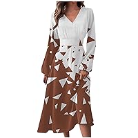 Women's Sweater Dress Autumn and Winter Casual Fashion V-Neck Long Sleeve Geometry Print Dress Sweaters, S-2XL