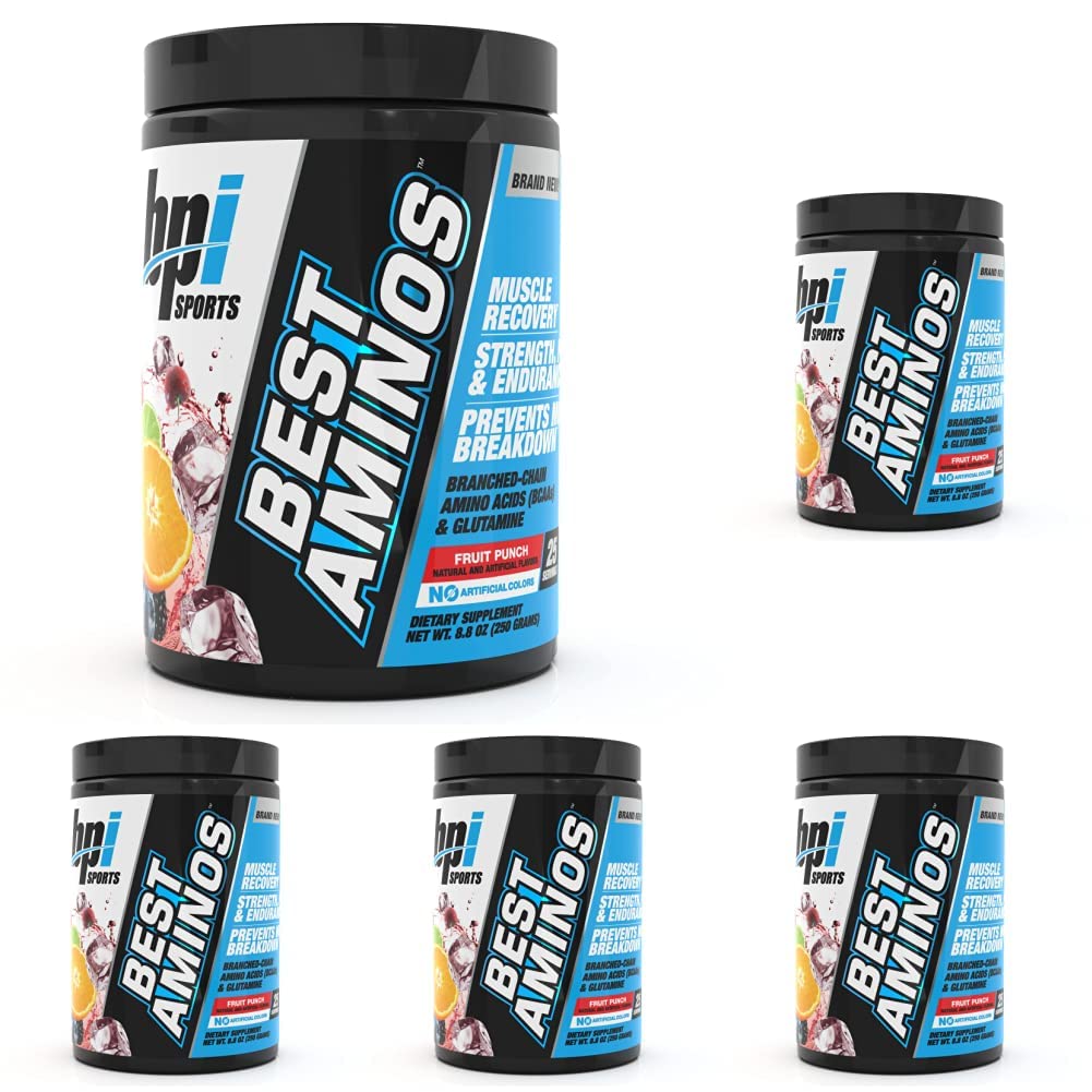 BPI Sports Best Aminos - BCAA Powder Post Workout & Glutamine Recovery Drink with Branched Chain Amino Acids for Hydration & Recovery, for Men & Women - Fruit Punch - 25 Servings (Pack of 5)