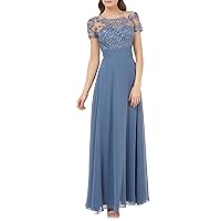 Womens Embroidered Short Sleeve Illusion Neckline Maxi Party Gown Dress