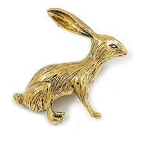 Vintage Inspired Etched Hare/Rabbit Brooch In Aged Gold Tone - 55mm Across