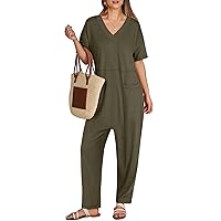 ANRABESS Jumpsuits for Women 2024 Summer Casual Rompers Short Sleeve V Neck Harem Pants Lounge One Piece Onesie Overalls