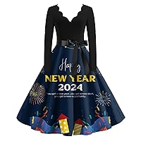 Women's Casual Dresses Vintage Classic Long Sleeve 2024 New Year Printed V Neck Swing Dress, S-2XL
