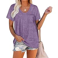 WIHOLL Women Summer T Shirts Short Sleeve Rounded V Neck Pocket Tee Tops