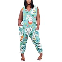 Ladies Plus Size Jumpsuits Womens Easter Print Trendy Short Sleeve 2024 V Neck Trendy Wide Rompers Dressy With Pockets