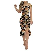 Women's Off The Shoulder Dresses Casual Floral Print High Side Sexy Ruched Bodycon Wedding Guest Evening Party Dress
