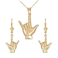 14 ct Yellow Gold I Love You Sign Necklace Earring Set