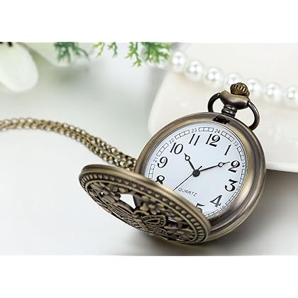 JewelryWe Retro Design Bronze Butterfly Flower Openwork Cover Pocket Quartz Watch with 31.5 Inch Chain, for Mother's Day