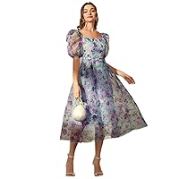 2024 Women's Dress Allover Floral Print Puff Sleeve Dress