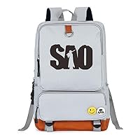 Sword Art Online SAO Anime Laptop Backpack Book Bag Work Bag Leather Splicing Rucksack with Pinback Buttons Light Grey