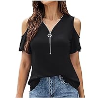 Women Off The Shoulder Shirt Tops Sexy Zipper Neck Casual Elegant Trendy Short Sleeves Solid Color Dressy T-Shirt Tees