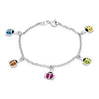 Good Luck Lucky Garden Red Colorful 5 Multi Ladybug Dangling Charm Bracelet For Girls Teens .925 Sterling Silver 6-7.5 Inch Wrist