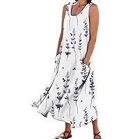 Summer Dresses for Women 2024 Casual Fashion Cotton Linen Round Neck Sleeveless Trendy Floral Long Dress with Pockets