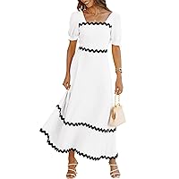 Women's 2024 Summer Square Neck Short Puff Sleeve Dress Casual Tie Back Smocked A Line Flowy Maxi Dresses