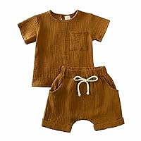 3M-3T Baby Girl/Boy Tees And Shorts 2Pcs Clothing Set Cotton Short Sleeve Tshirt Crepe Gauze Top Pocket Shorts