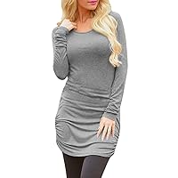 Pink Queen Women's Casual Long Sleeve Slim Ruched Tunic Tshirt Dress to Wear with Leggings