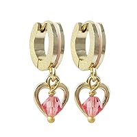 Gold Finish Pink 4mm Crystal Girls Heart Dangle Earrings
