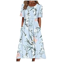 Dresses for Women 2023 Fashion High Waist Printed Short Sleeve Dress Casual Loose Round Neck Pleated Pocket Dress