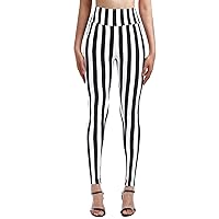 IMEKIS Women's Black and White Striped Pants Leggings Halloween Costume Cosplay High Waist Ankle Length Stretchy Tights