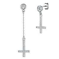 Supcare Men Women Inverted Cross Earrings,925 Sterling Silver/5A+ Cubic Zirconia Upside Down Cross Gothic Earrings (with Gift Packing)