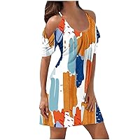 Women's Cold Shoulder Beach Dress Summer Ruched Short Sleeves Scoop Neck Tunic Dress Fashion Color Block Cami Dress