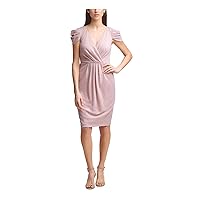 Jessica Howard Womens Pink Stretch Zippered Pleated Jersey-Knit Short Draped Sleeves Surplice Neckline Knee Length Wear to Work Sheath Dress Petites 4P