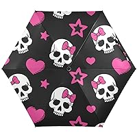 Pink Heart and Skull Folding Umbrella for Rain Sun Travel Mini Lightweight Compact Umbrellas
