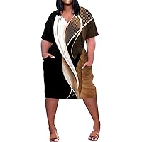 Maxi Dress for Women Plus Size Summer V Neck Short Sleeve Knee Pocket Soild Color Casual Dress