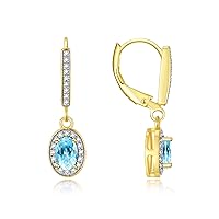 RYLOS Women's Yellow Gold PlatedcDangling Earrings - Oval Shape Gemstone & Diamonds - 6X4MM Birthstone Earrings - Exquisite Color Stone Jewelry