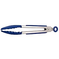Tovolo Stainless Steel Turner Wide Tips Grips on Handles, Non-Stick & Heat-Resistant Silicone, BPA-Free & Dishwasher-Safe, Mini Tongs, Blue