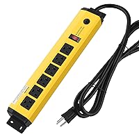 CCCEI Magnetic Heavy Duty Metal Power Strip Surge Protector 4800J, 12 Gauge 20A High Amp Outlets, Wall Mount Garage 6 Plug Extension Cord, 10FT, Yellow, 5-15P Adapter 6-20R T-Slot 20a for Appliance.