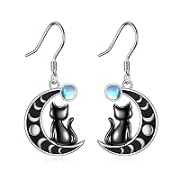 VONALA Black Cat Moonstone Earrings 925 Sterling Silver Cat Moon Dangle Drop Dangling Earrings Animal Jewelry Gift for Women Girls